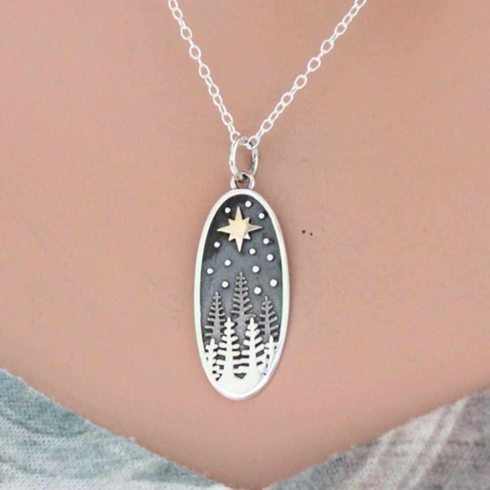 Sterling Silver Pine Tree Charm with Bronze Star Necklace